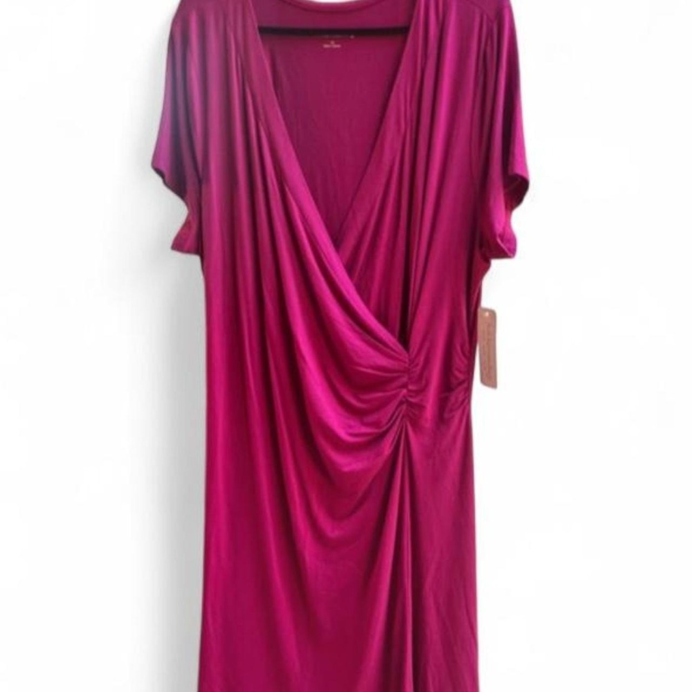 NWT Soft Surroundings 1X Giselle Dress Fiery Fuchsia Pink Ruched Faux Wrap Midi